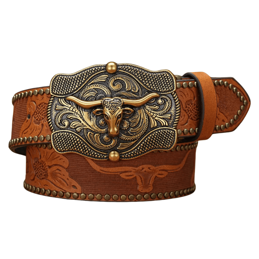 Cowboybälte skulpterat longhornspänne Brun / 120cm