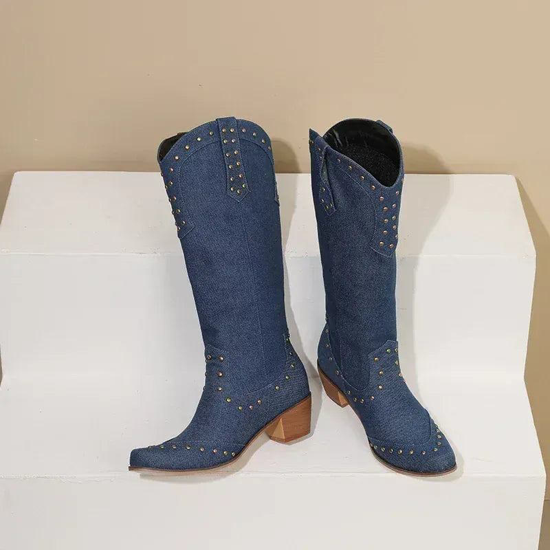 Cowboyboots Denim med Nitar och Blockklack