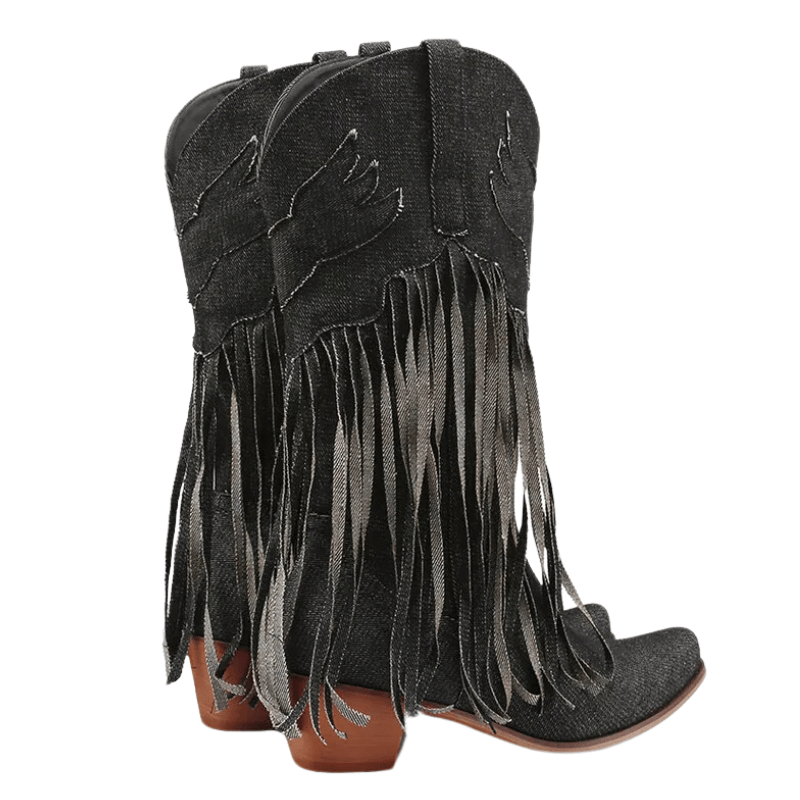 Cowboyboots i denim med fransar och blockklack