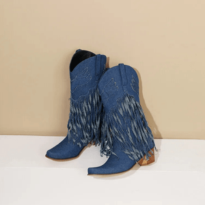 Cowboyboots i denim med fransar och blockklack