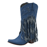 Cowboyboots i denim med fransar och blockklack Mörkblå / 35