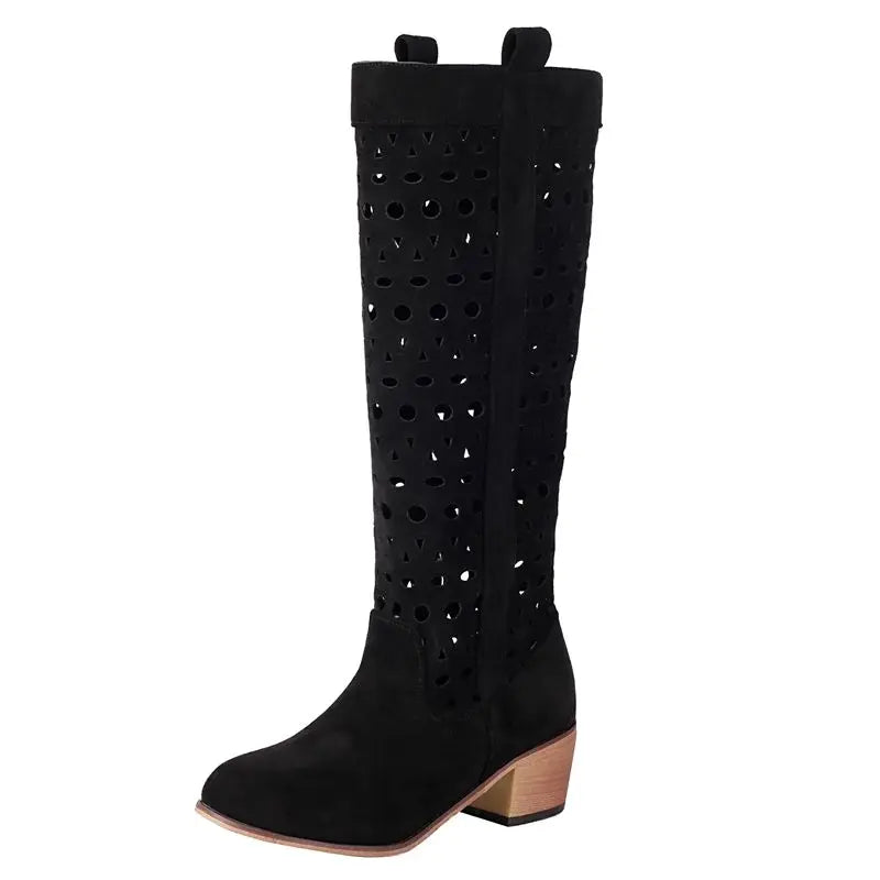 Cowboyboots i mocka med utskuret mönster och rund tå Svart / 38.5