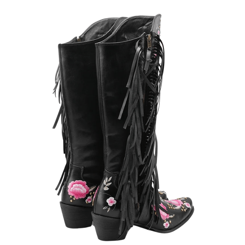 Cowboyboots med blombroderi och fransar
