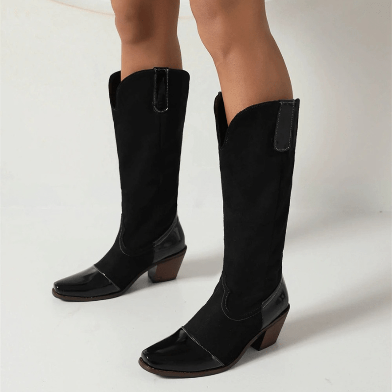 Cowboyboots med Blommönster och Fyrkantig Klack