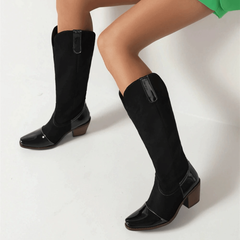 Cowboyboots med Blommönster och Fyrkantig Klack