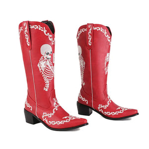 Cowboyboots med broderad skelettdesign och chunky klack
