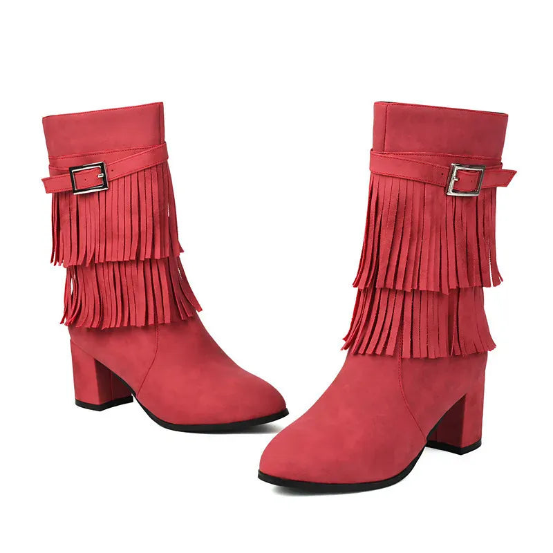 Cowboyboots med fransar och blockklack
