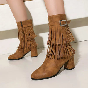 Cowboyboots med fransar och blockklack