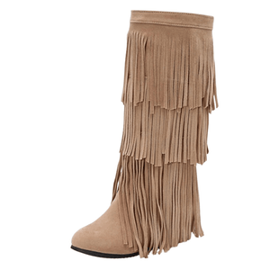 Cowboyboots med lager av mockafransar och mjuk kilklack Beige / 35