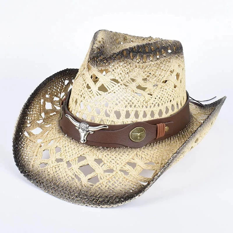Cowboyhatt i flätad halm med tjurdetalj Beige-svart / Ungefär 58cm