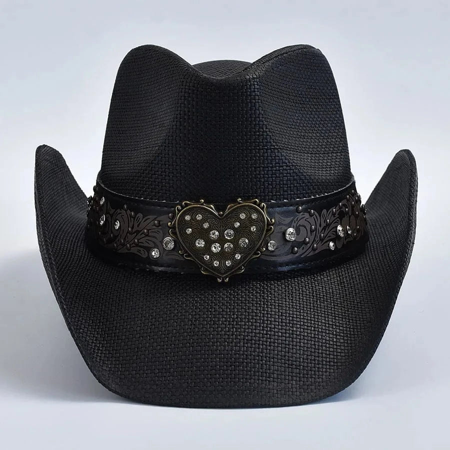 Cowboyhatt i svart flätad halmlook med hjärtspänne Svart / One Size