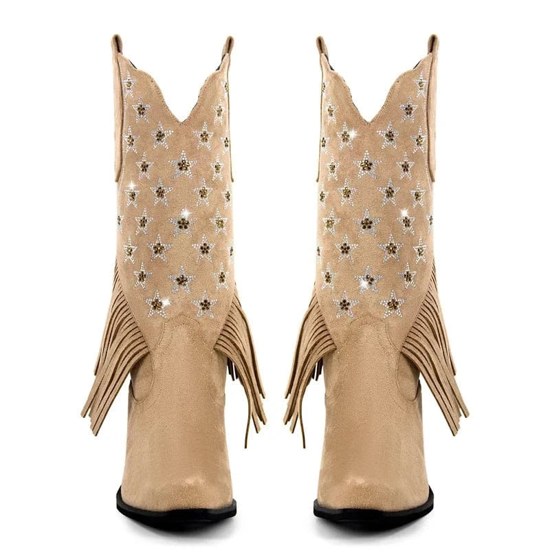 Cowgirl Boots med Amerikansk Flagga och Fransar