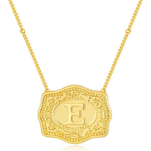 Embossed Belt Buckle Pendant Necklace for Men Punk Jewelry Gold Color A-Z Initial Letter Necklaces Women Western Jewelry Gift E / Silver / CHINA