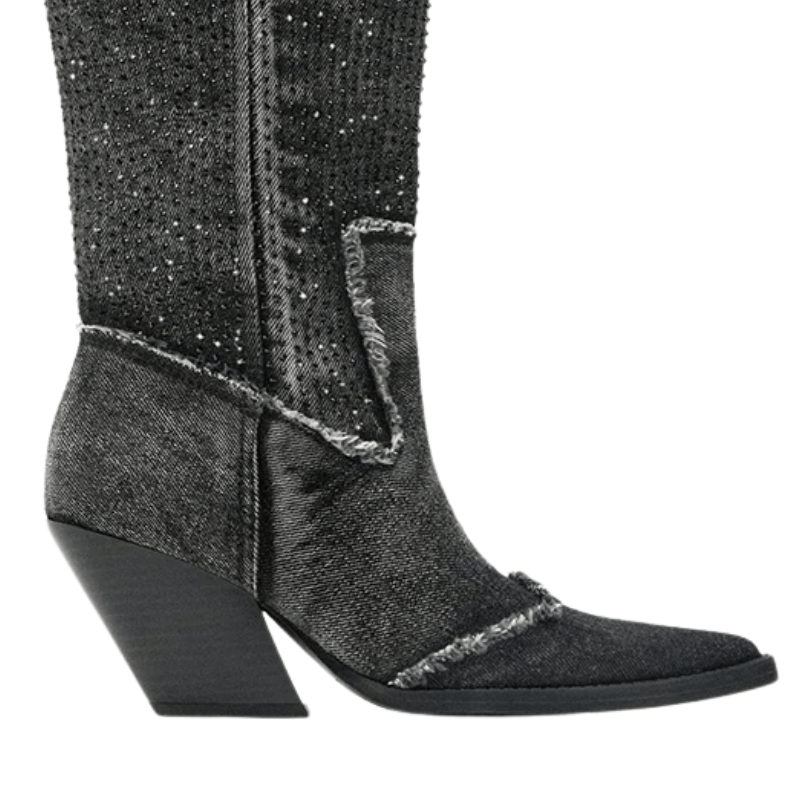Höga Cowboyboots i Denim med Strass