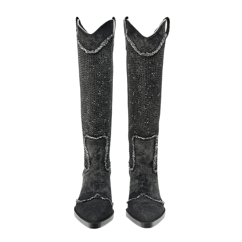 Höga Cowboyboots i Denim med Strass