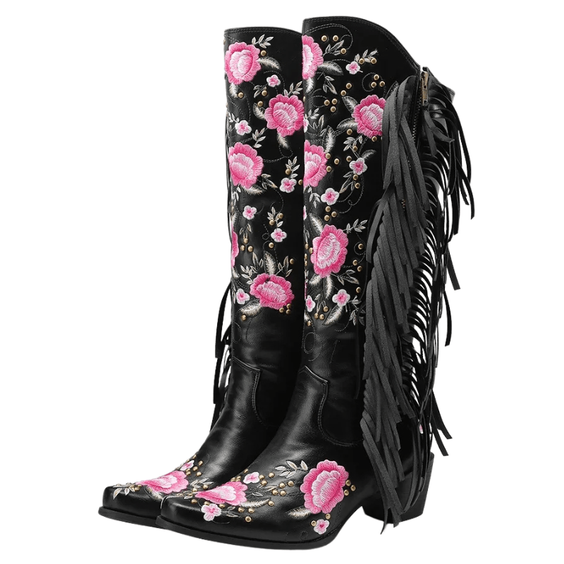 Höga Cowboyboots med Blomsterbroderi och Fransar