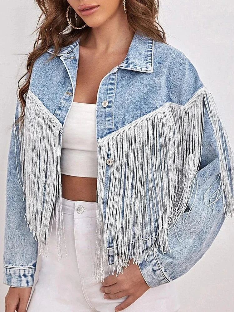 Jeansjacka med fransar dam Blå / XS