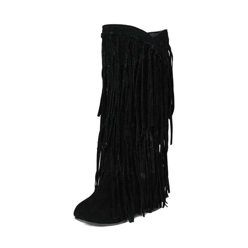 Knee-high cowboyboots med långa mockafransa Svart / 36