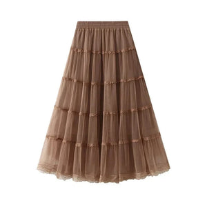 Lång A-linje tyllkjol med plisserade volanger Khaki / One Size