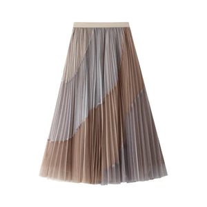 Lång plisserad tyllkjol med asymmetriskt färgblock Khaki / One Size