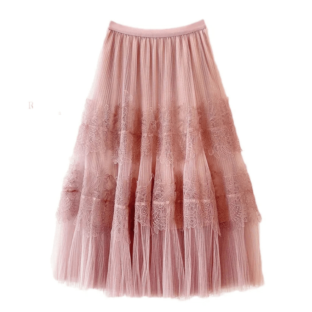 Lång plisserad tyllkjol med spetsvolanger Rosa / One Size