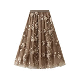 Lång tyllkjol med 3D-blombroderi Khaki / One Size