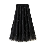 Lång tyllkjol med broderade fjärilar Svart / One size