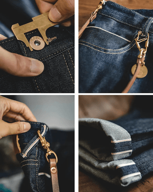 Mörkblå raka selvedge jeans i raw denim
