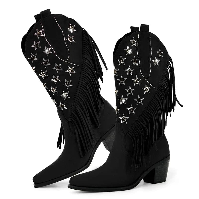 Cowgirl Boots med Amerikansk Flagga och Fransar