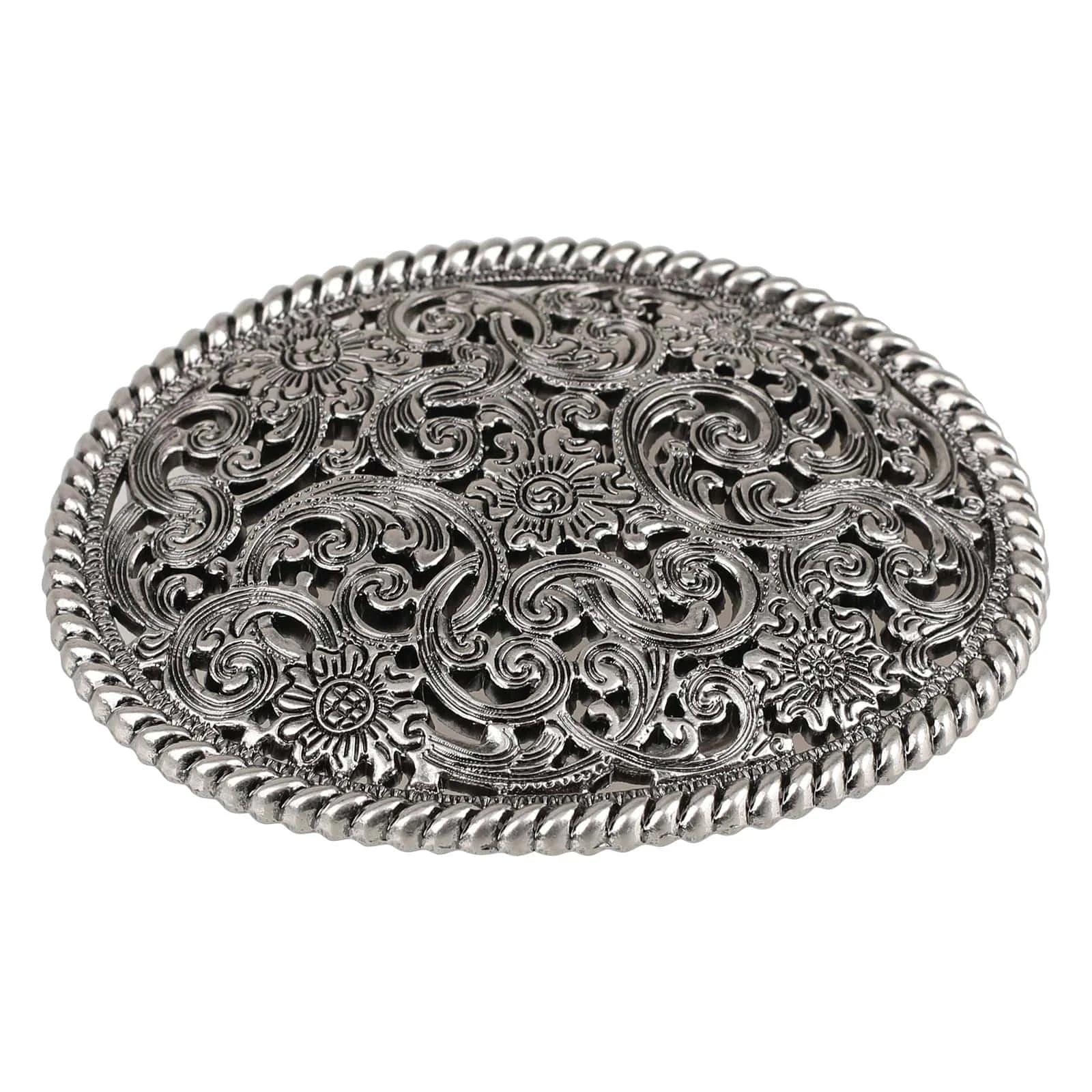 Ovalt bältespänne i vintage-silver med blommigt gravyrmönster Silver