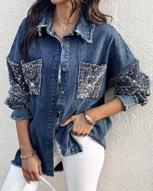 Oversize jeansjacka dam med paljetter