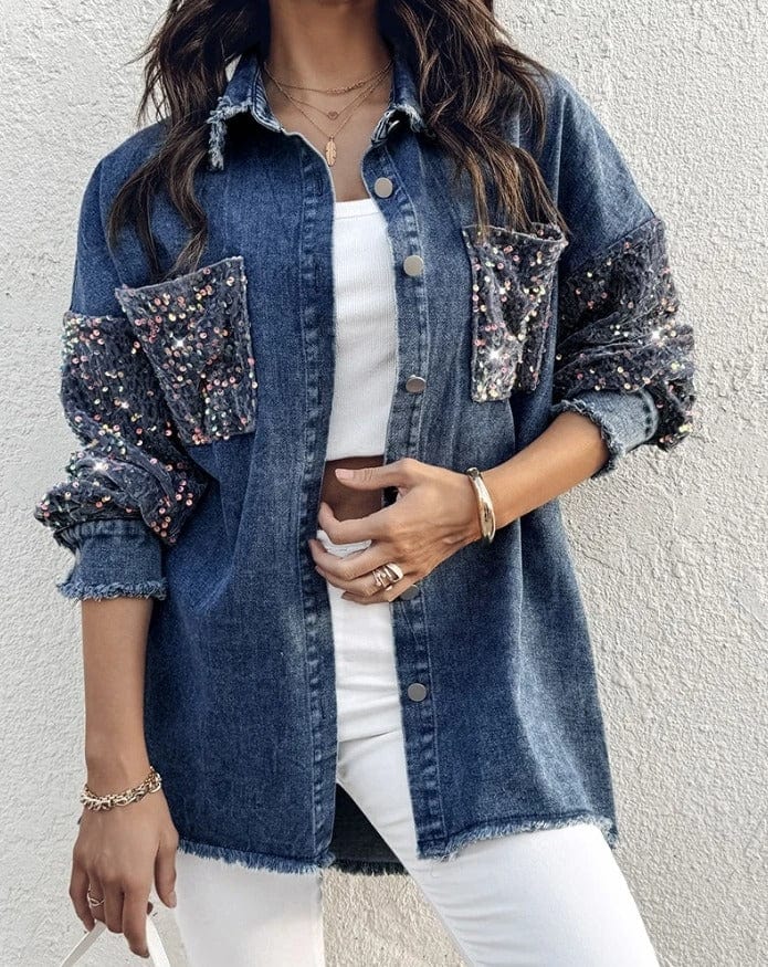 Oversize jeansjacka dam med paljetter