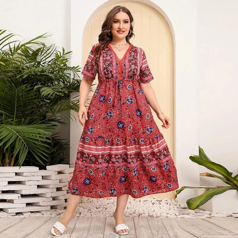 Plus size klänning i bohemisk stil Röd / 1XL