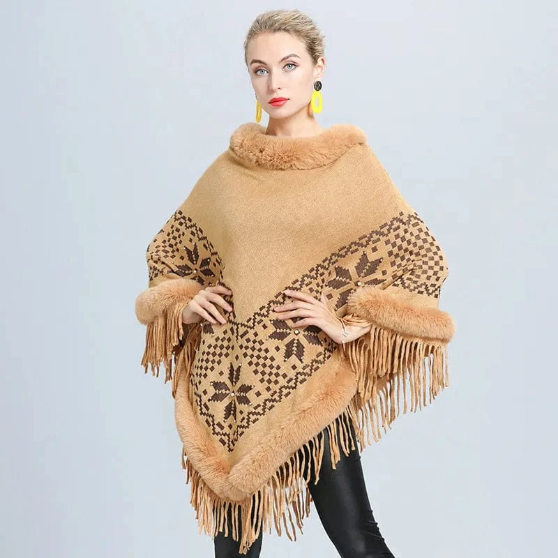 Poncho med päls Kamel / One Size