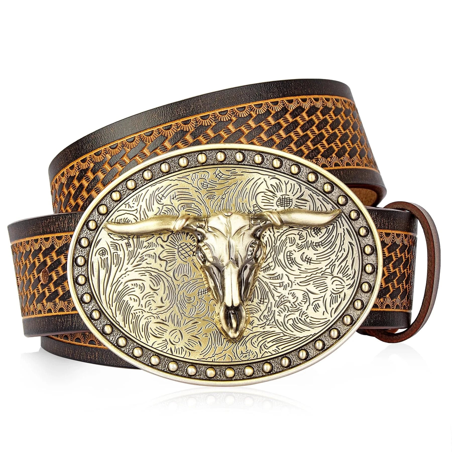 Präglat westernbälte i äkta läder med utbytbar design Brun 1 / 105cm