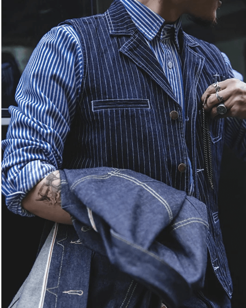 Randig western denimväst herr