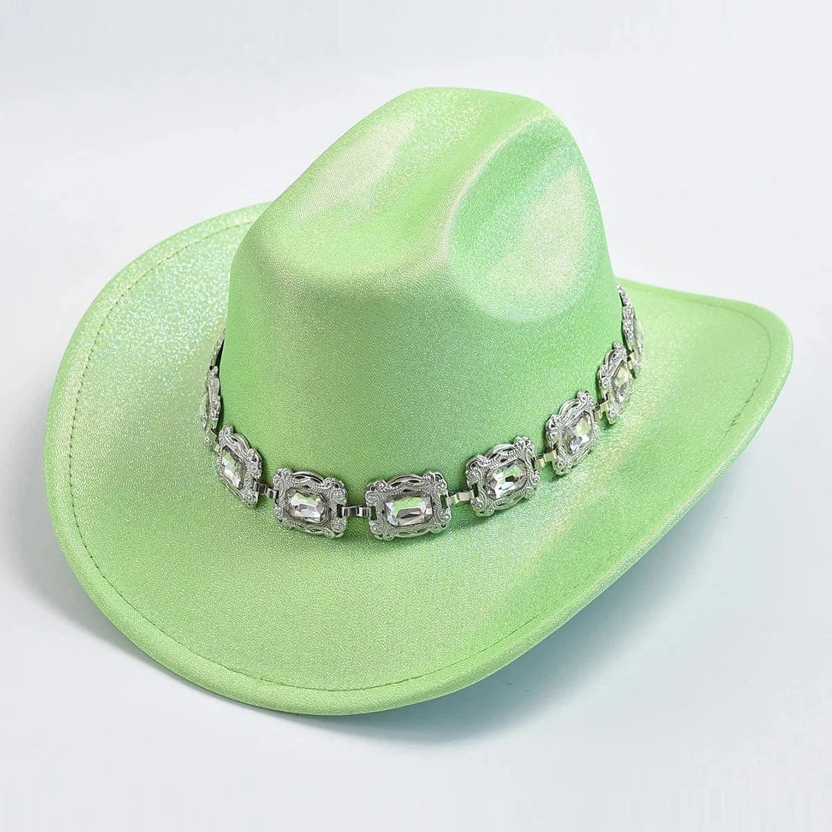 Rhinestone Fedora Cowboyhatt Limegrön / One Size