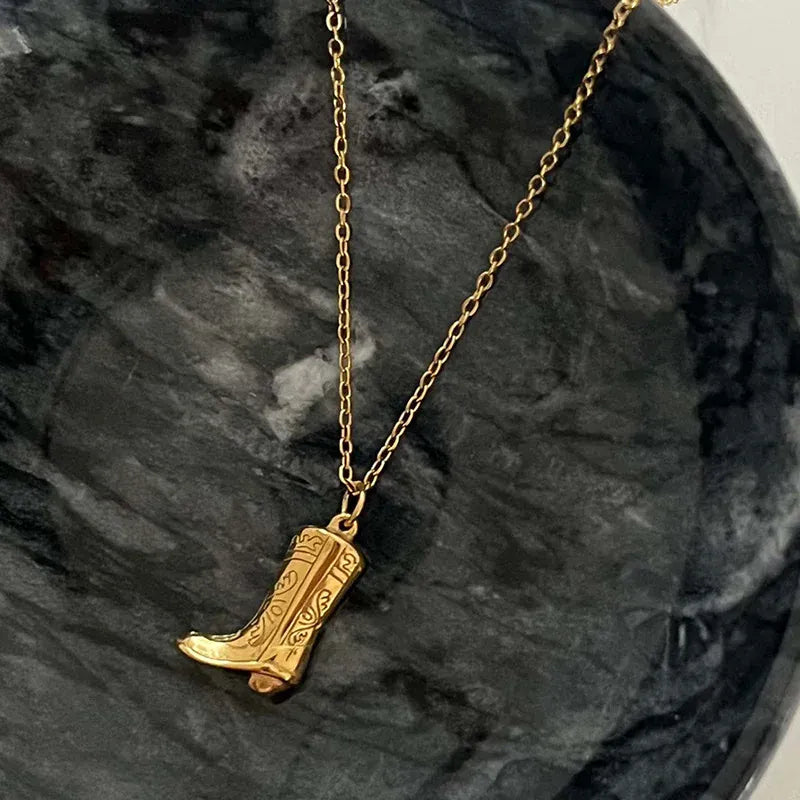 Stainless Steel Cowgirl Cowboy Boot Pendant Necklace For Women Western Jewelry Accessories Gold