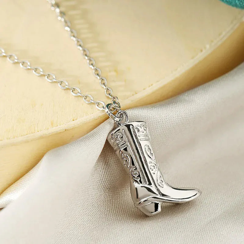 Stainless Steel Cowgirl Cowboy Boot Pendant Necklace For Women Western Jewelry Accessories Silver
