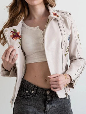 Svart bikerjacka dam med broderi Beige / S