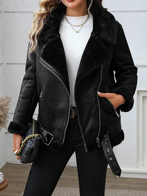 Svart shearling bikerjacka dam