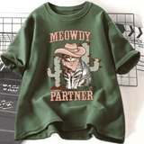 Tshirt med cowboykatt "Meowdy Partner" Armégrön / S