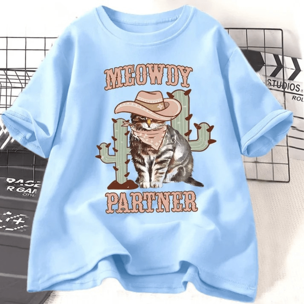 Tshirt med cowboykatt "Meowdy Partner" Himmelblå / S