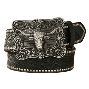 Vintage Cowboybälte med Longhornhuvud Svart silver / 120cm