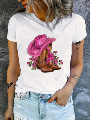 Vit tshirt med rosa cowboyhatt och boots Vit med rosa / XS