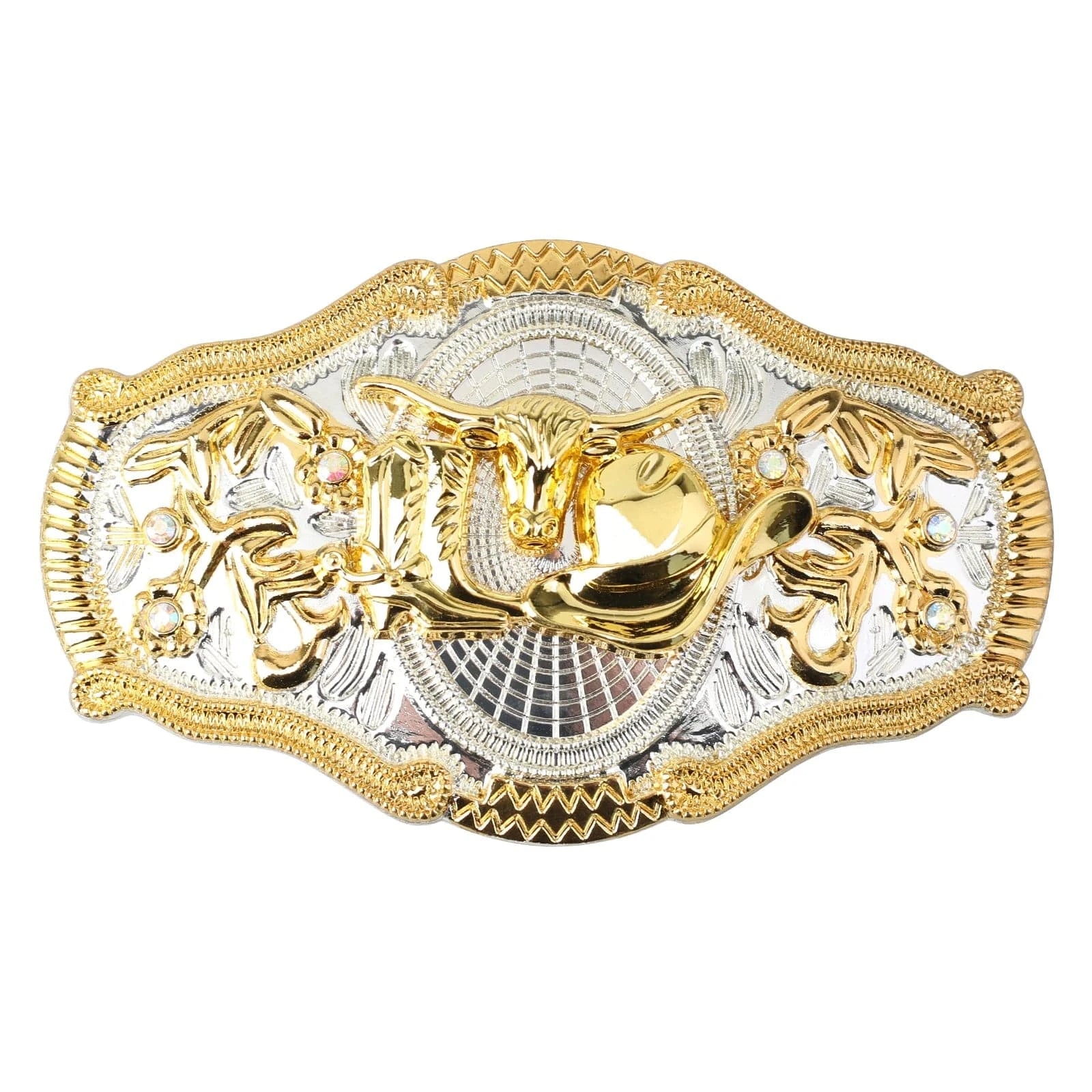 Western Bältesspännen Guld Silver Djurmotiv Vita Strass Blommig Relief Longhorn