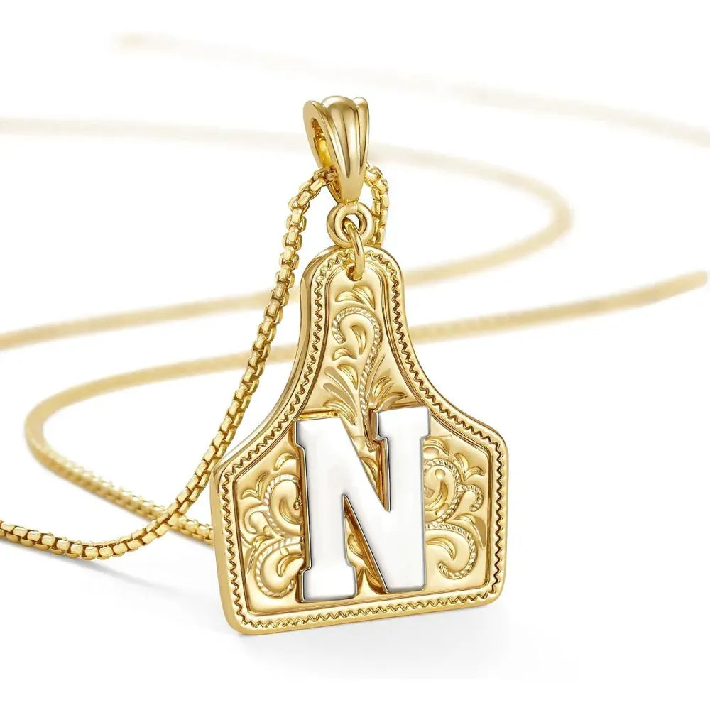 Western Cowgirl Initial Necklace Cowboy A-Z Letter Pendant Necklace for Women Handmade CowTag Two-Toned Jewelry Gift N / With cowboy box