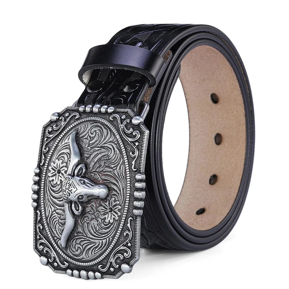 Westernbälte i Äkta Läder med Präglat Motiv och Stora Buckles Svart och silver 2 / 110cm