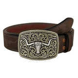 Westernbälte i präglat tläder med djurmotiv och retrospänne Kaffe / 110cm