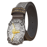 Westernbälte med präglat mönster och tjurspänne i guld Mörkbrun / 105cm